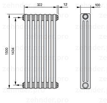 Схема (чертеж) Радиатор Zehnder Charleston 3150/7 №1270 Белый глянцевый RAL 9016